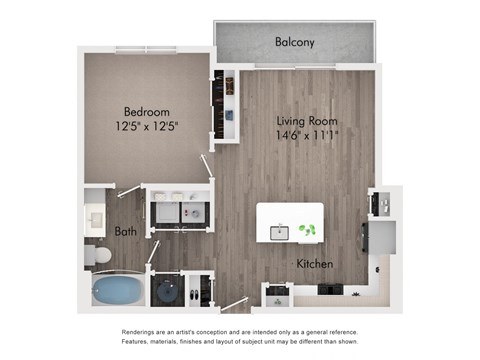 Floor plan for 1 bed, 1 bath, 655 sqft